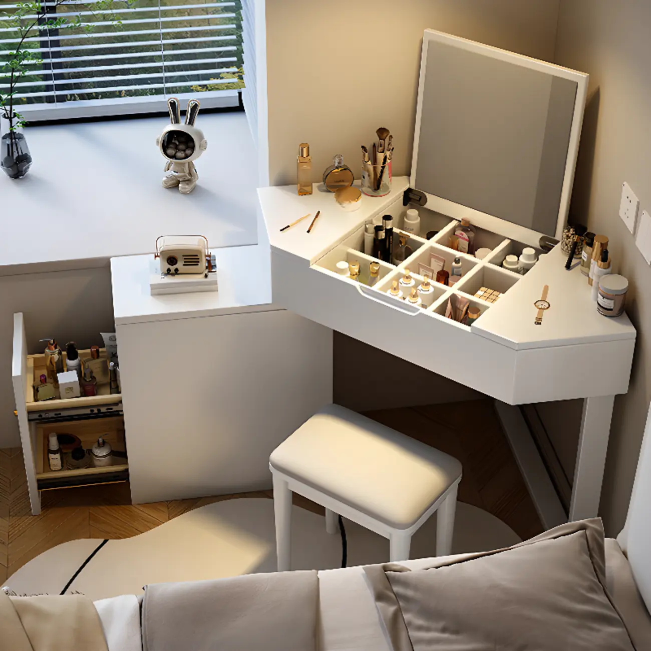 Bedroom Corner Makeup Vanitie Built In Dividers for Storage Image - 4 | homeyfad