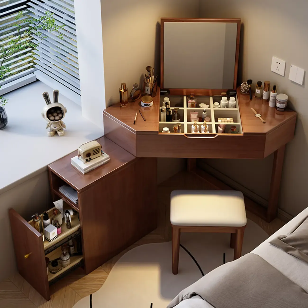 Bedroom Corner Makeup Vanitie Built In Dividers for Storage Image - 5