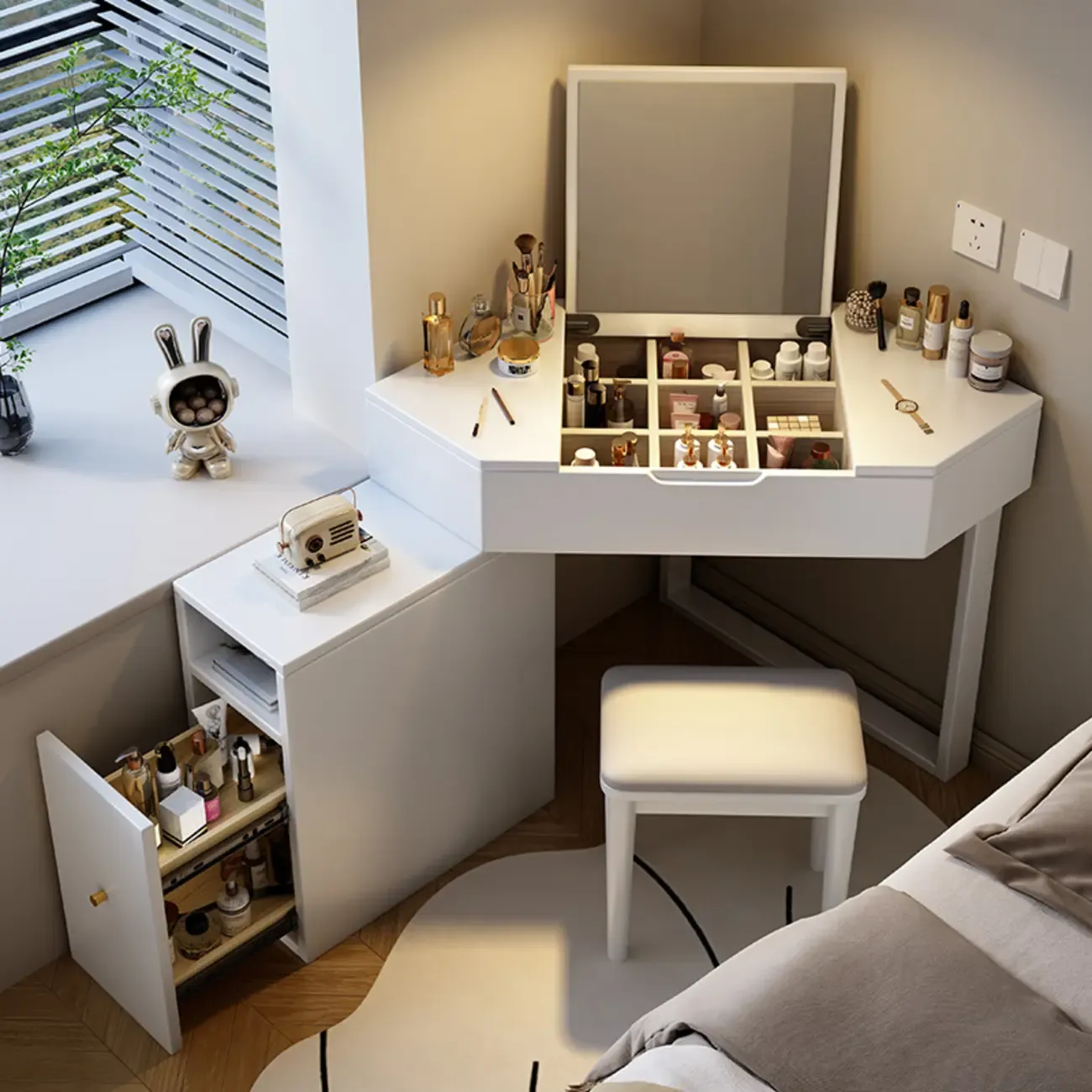 Bedroom Corner Makeup Vanitie Built In Dividers for Storage Image - 7