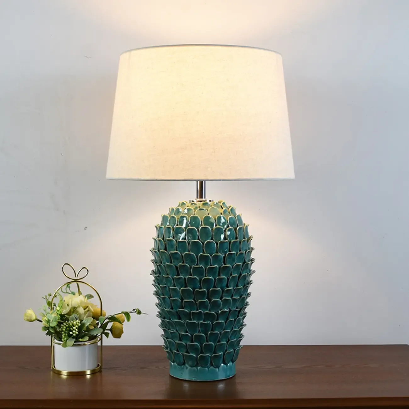 Green Ceramic Modern Table Lamp Plug-In for Living Room Image - 1