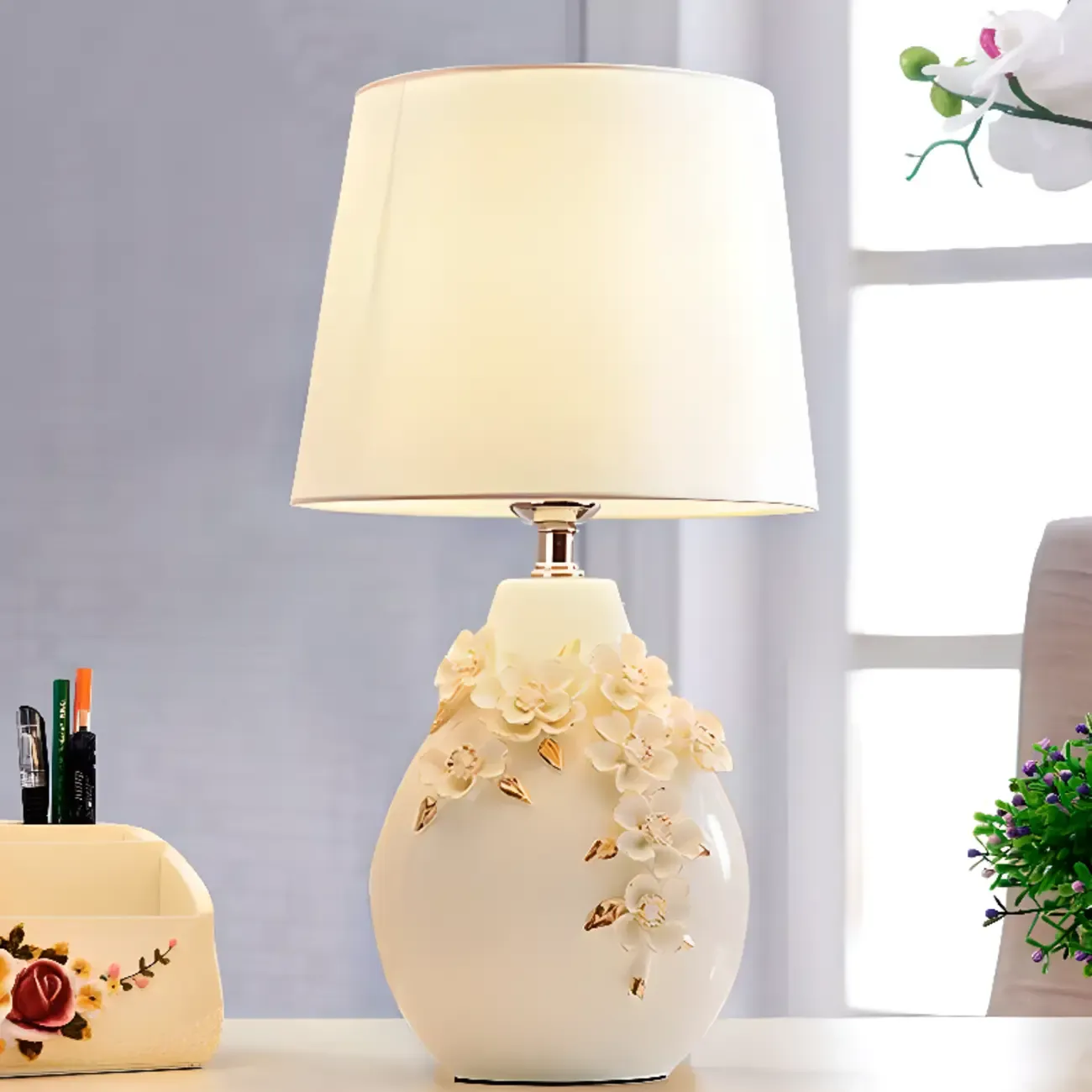White Floral Carvings Ceramic Table Lamp for Residential Image - 1
