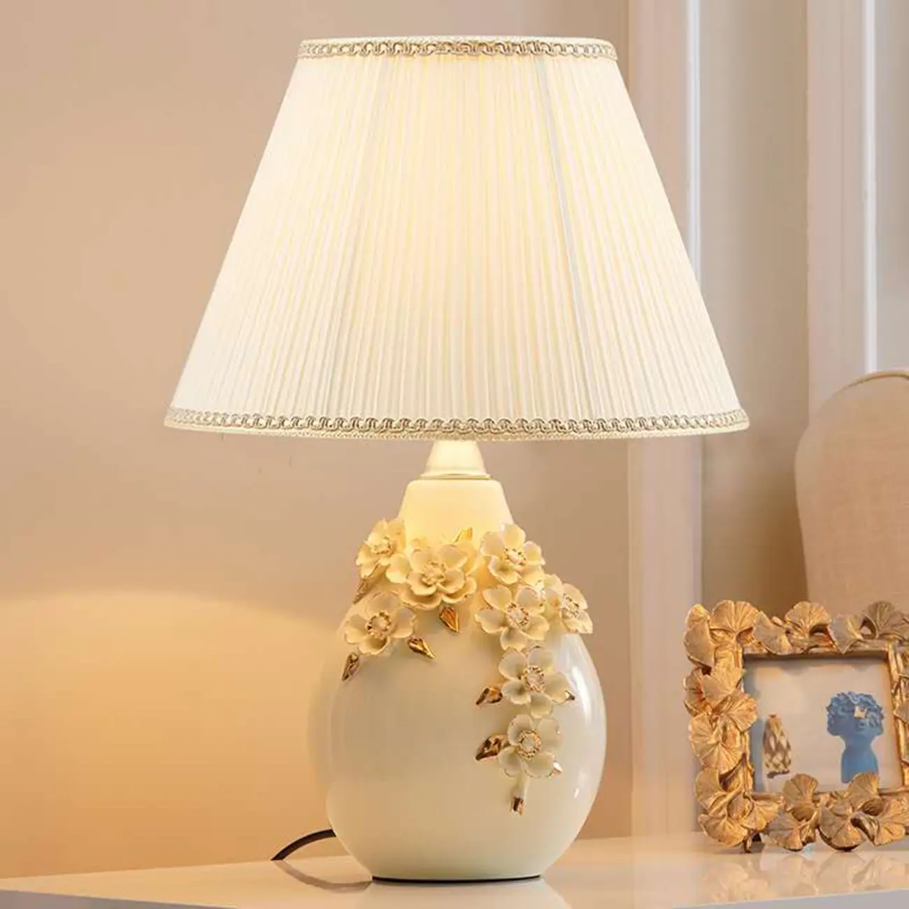 White Floral Carvings Ceramic Table Lamp for Residential Image - 2 | homeyfad