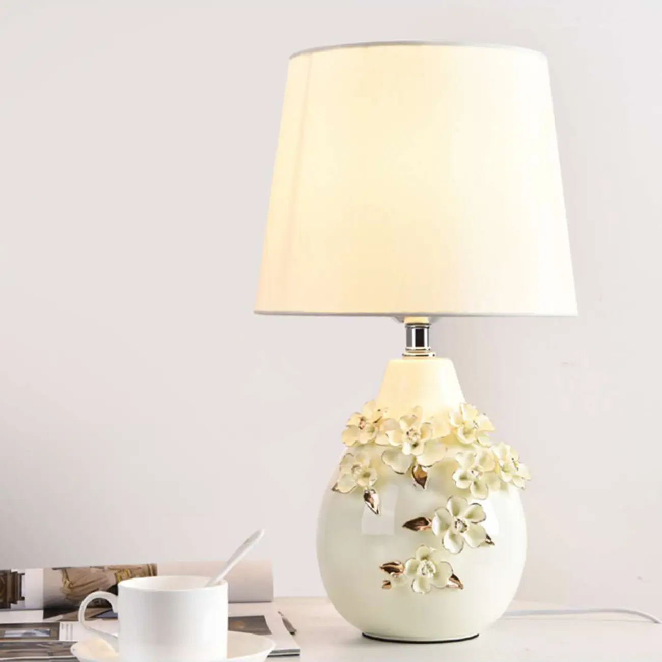 White Floral Carvings Ceramic Table Lamp for Residential Image - 3 | homeyfad