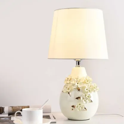 White Floral Carvings Ceramic Table Lamp for Residential Image - 3