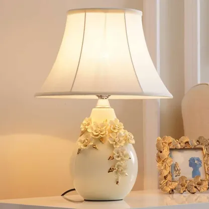 White Floral Carvings Ceramic Table Lamp for Residential Image - 5