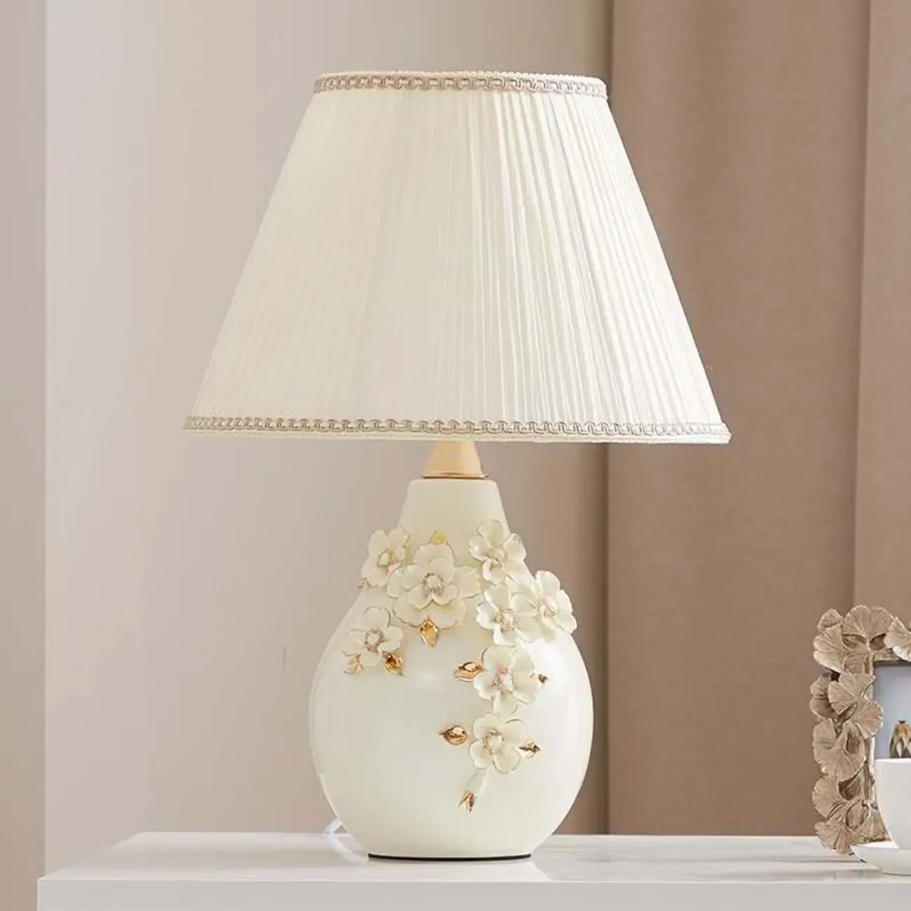 White Floral Carvings Ceramic Table Lamp for Residential Image - 7