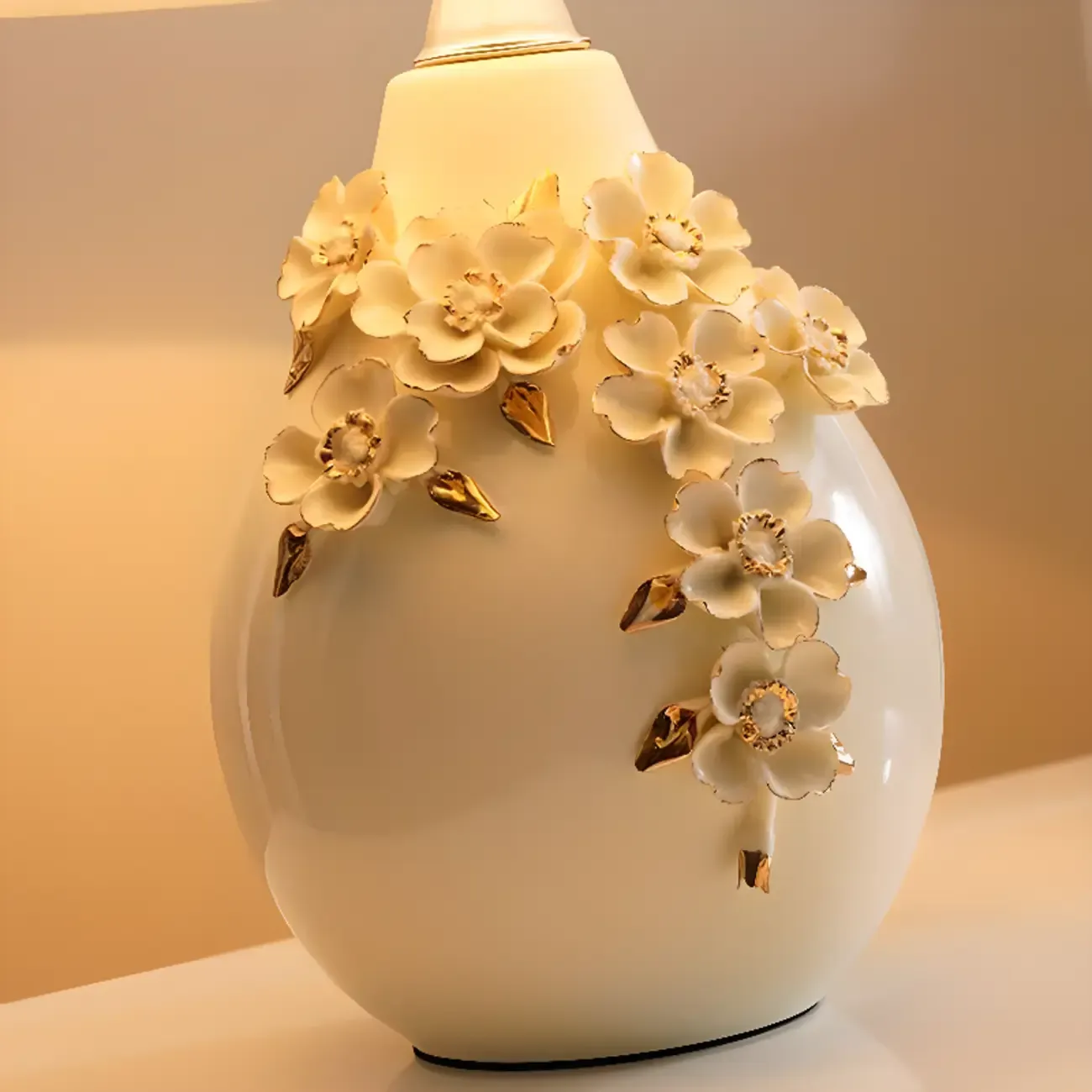 White Floral Carvings Ceramic Table Lamp for Residential Image - 10
