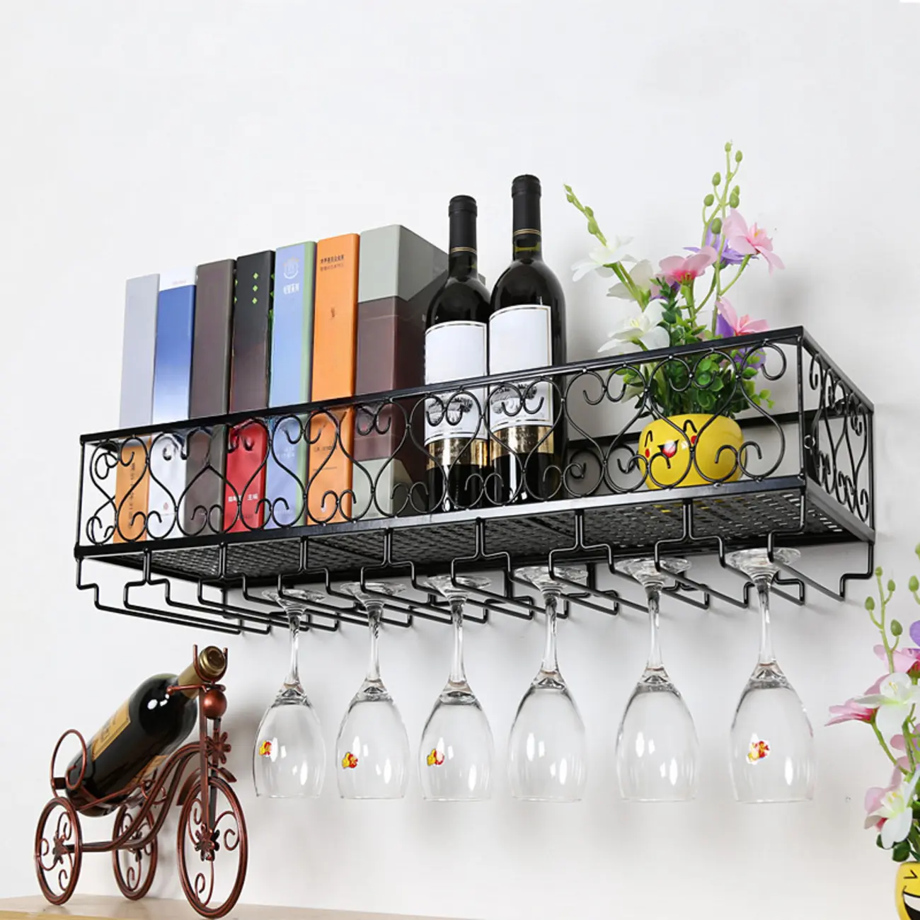 Elegant Black Metal Wine Rack with Glass Holder for Home Bar Image - 1 | homeyfad