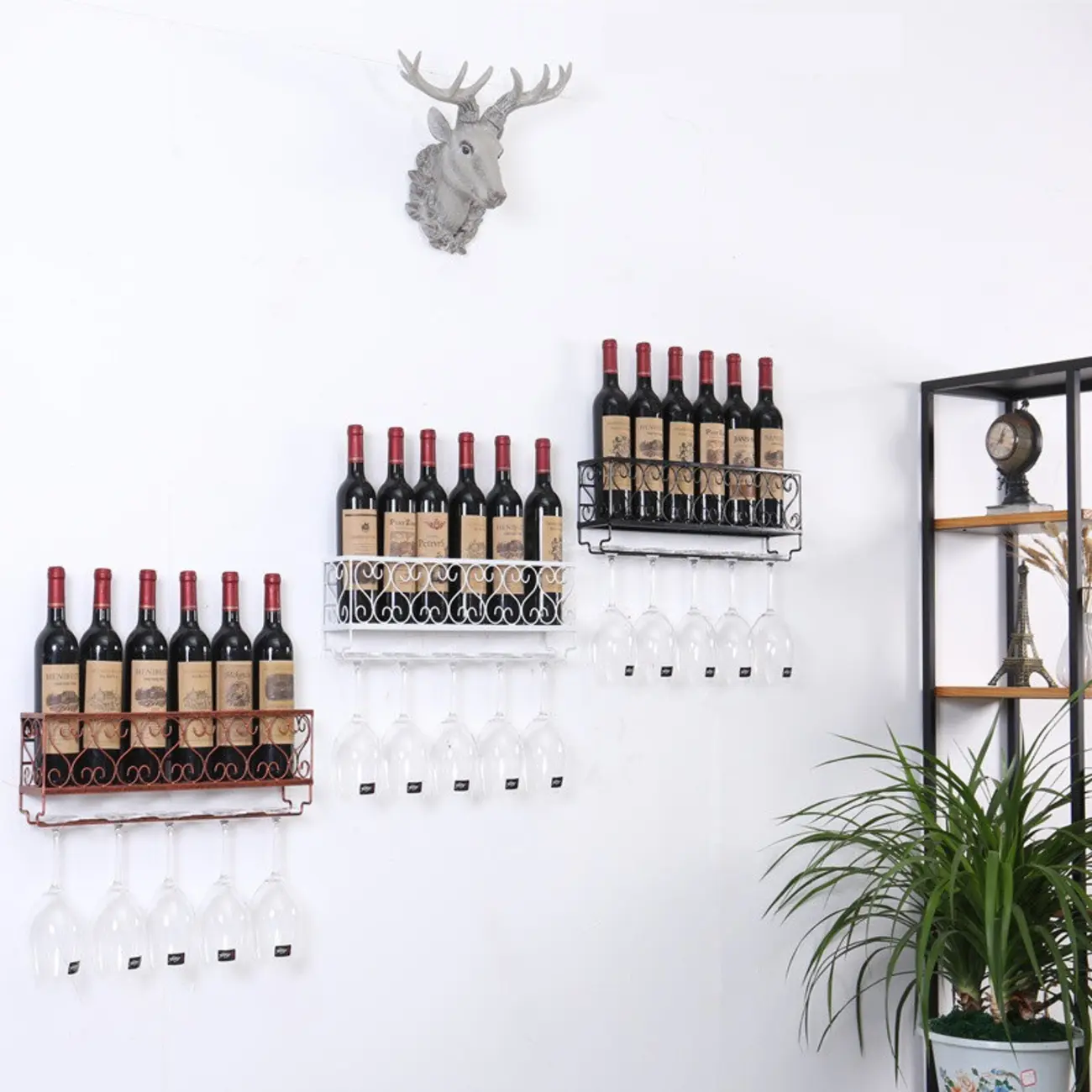 Elegant Black Metal Wine Rack with Glass Holder for Home Bar Image - 2 | homeyfad