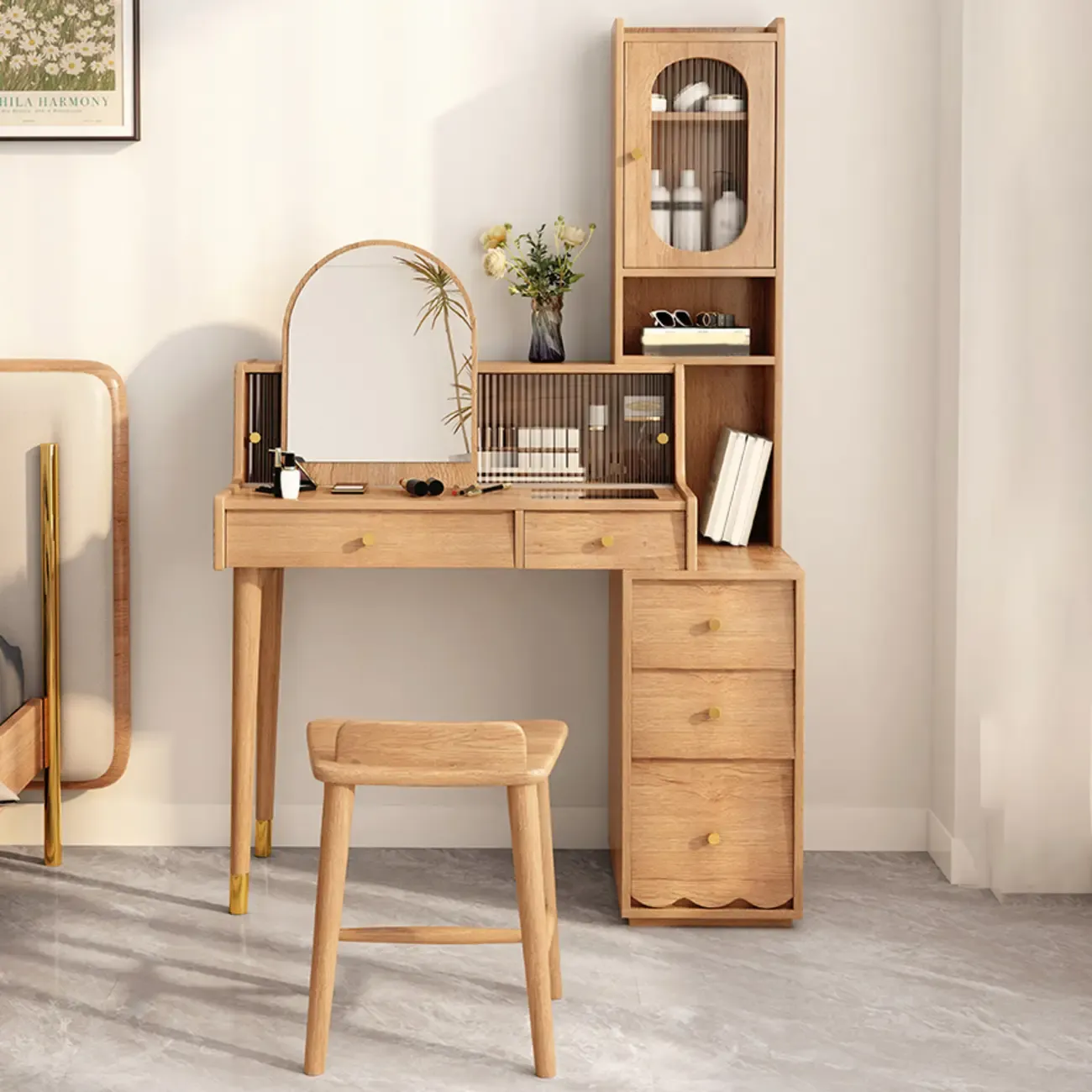 Scandinavian Wood Vanity with 5 Drawers and Standing Mirror Image - 1