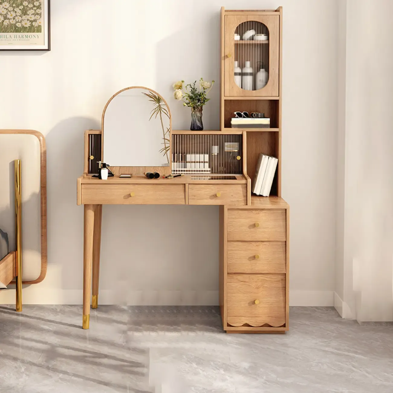Scandinavian Wood Vanity with 5 Drawers and Standing Mirror Image - 2