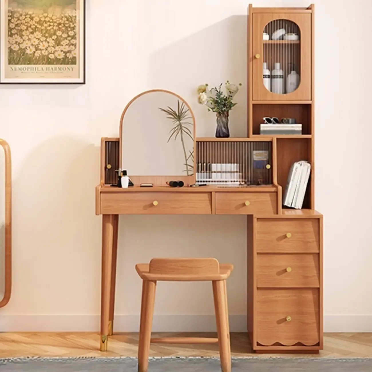 Scandinavian Wood Vanity with 5 Drawers and Standing Mirror Image - 3