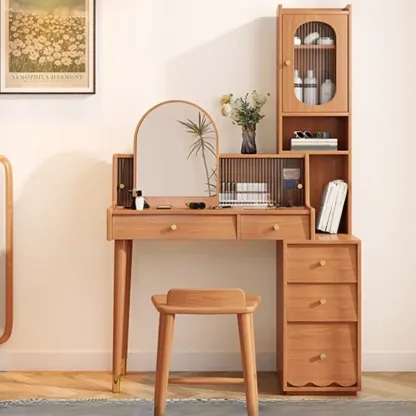 Scandinavian Wood Vanity with 5 Drawers and Standing Mirror Image - 3