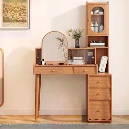 Scandinavian Wood Vanity with 5 Drawers and Standing Mirror Image - 4