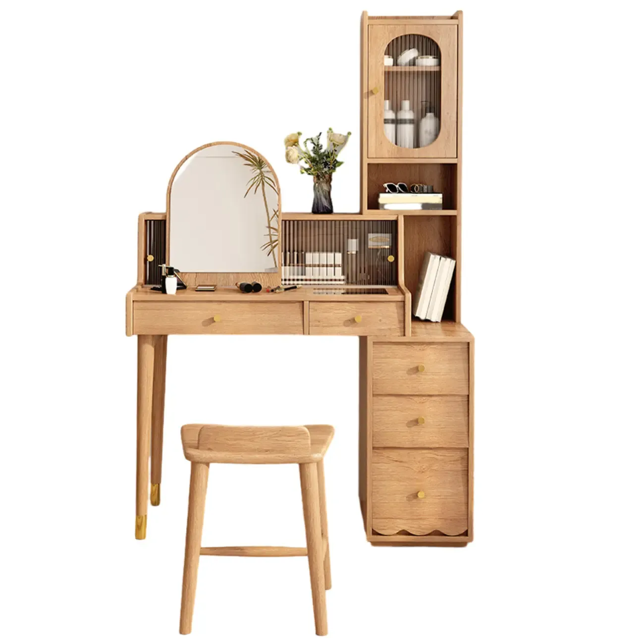 Scandinavian Wood Vanity with 5 Drawers and Standing Mirror Image - 5