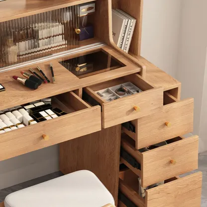 Scandinavian Wood Vanity with 5 Drawers and Standing Mirror Image - 8
