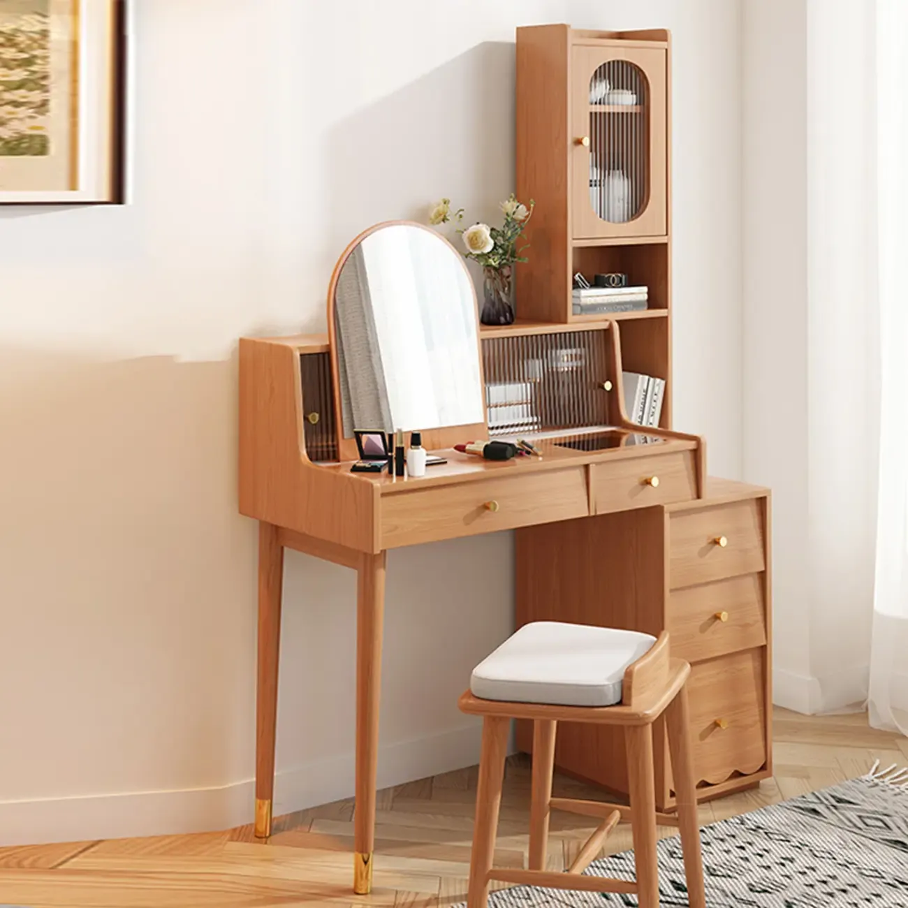 Scandinavian Wood Vanity with 5 Drawers and Standing Mirror Image - 10