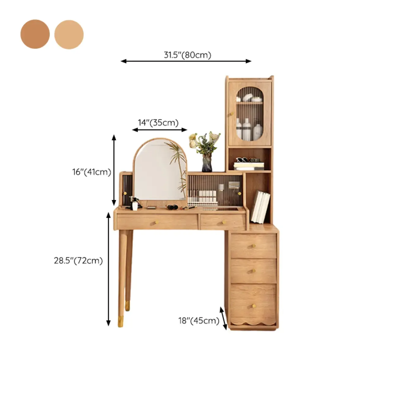 Scandinavian Wood Vanity with 5 Drawers and Standing Mirror #size