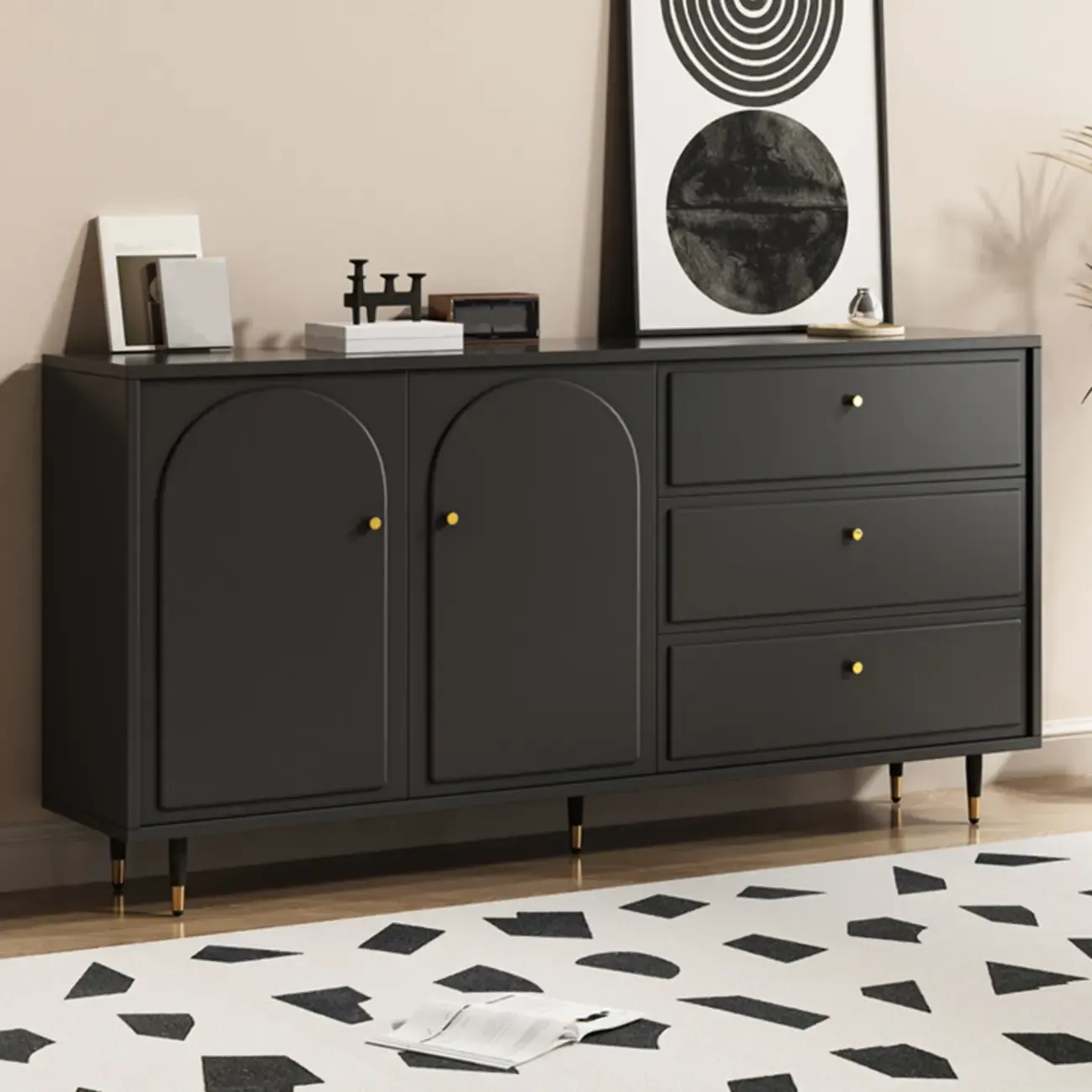 Stylish Black Wooden Combo Dresser with Drawers and Cabinet Image - 2