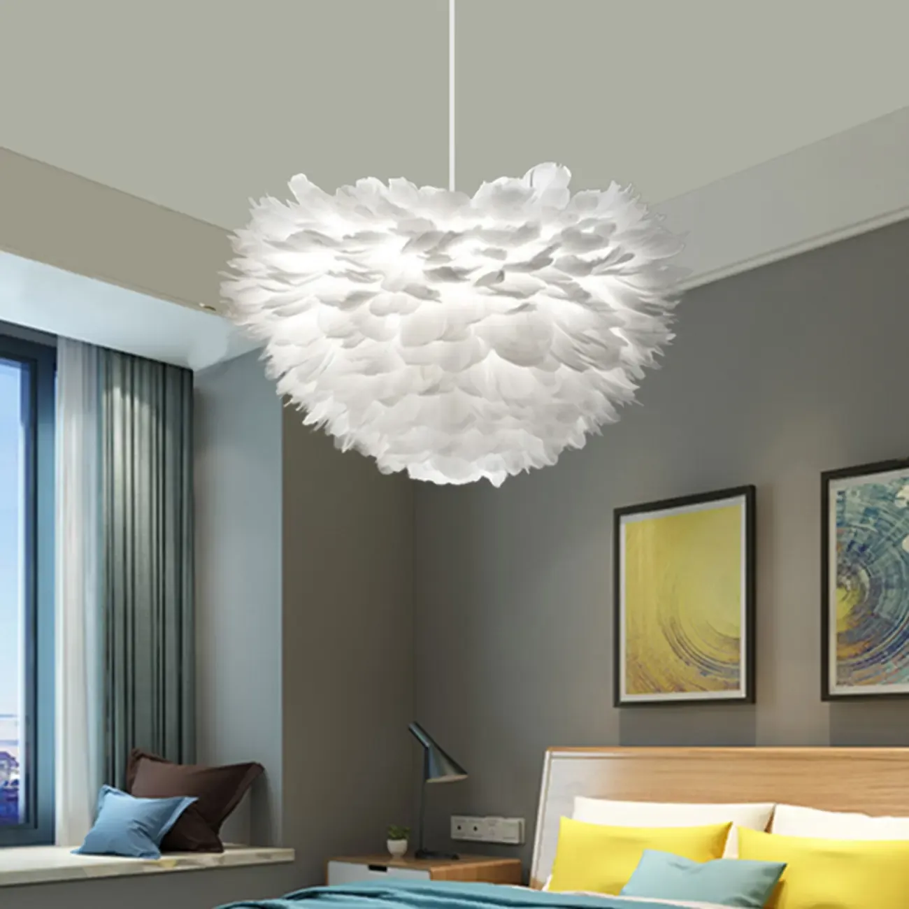 Modern White Feather Pendant Light Height Adjustable Image - 8