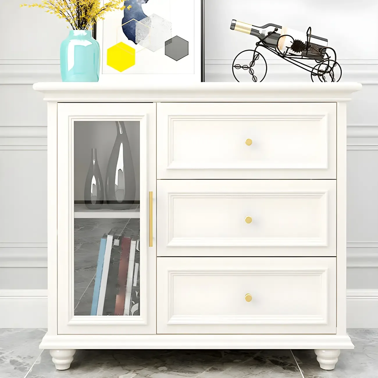 Contemporary Wooden Sideboard with 3 Drawers in White  Image - 4