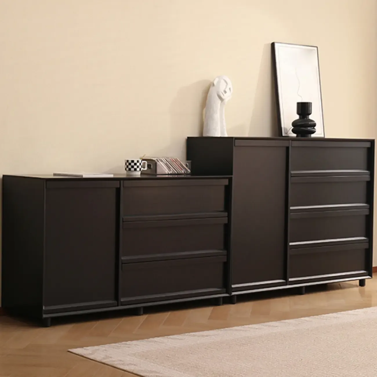 Industrial Wood Dresser with Drawers and Smooth Metal Rail Image - 1