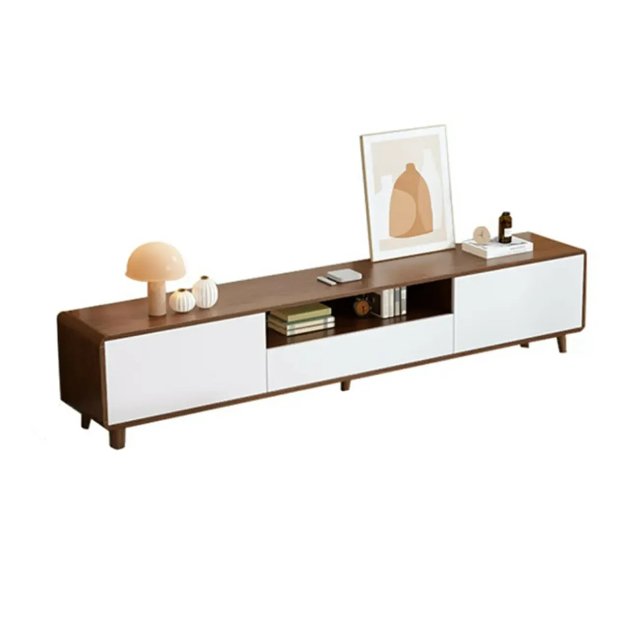 Durable Wooden TV Stand with Open Storage & Drawers Image - 9