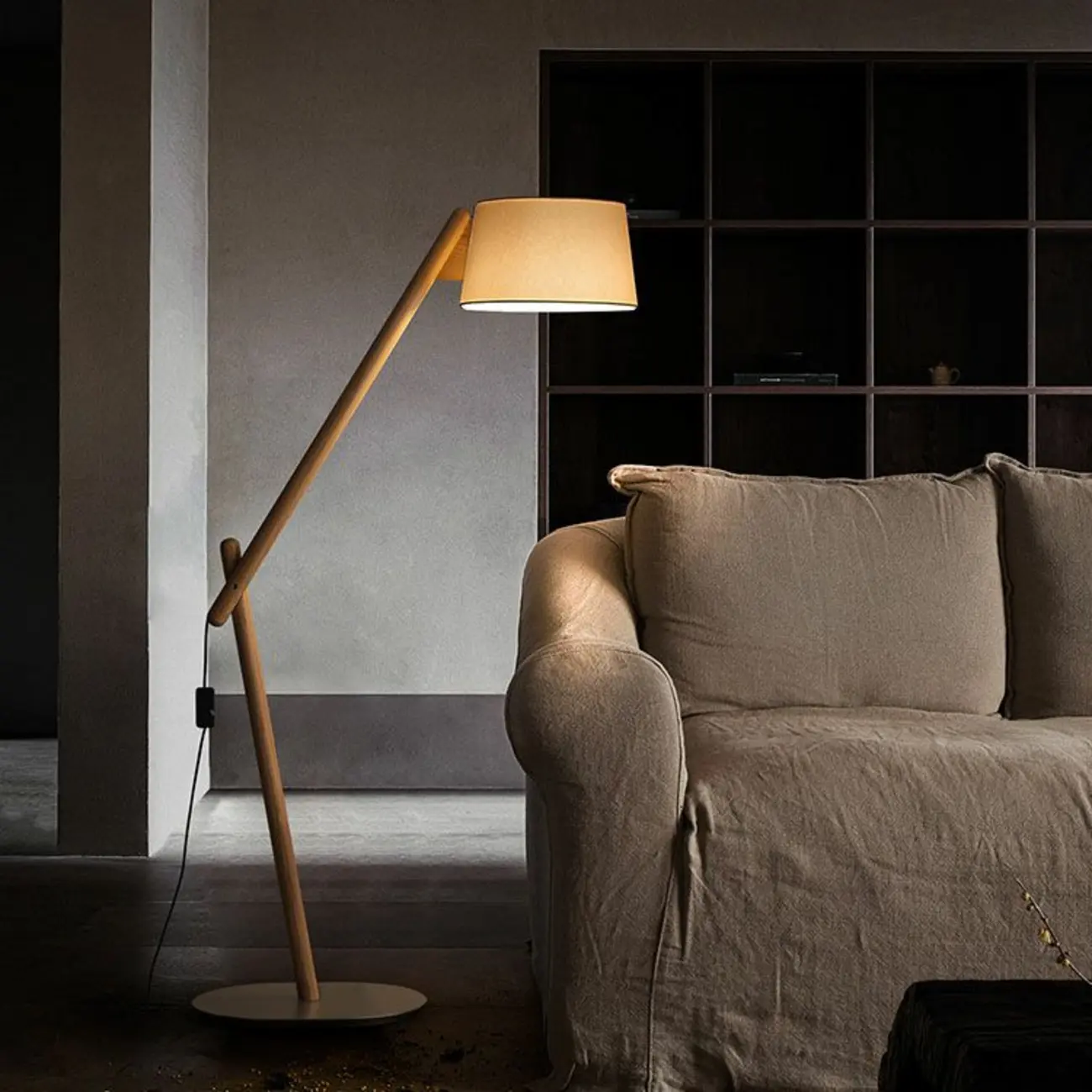 Elegant Arched Wood Floor Lamp with Beige Fabric Shade Image - 1 | homeyfad