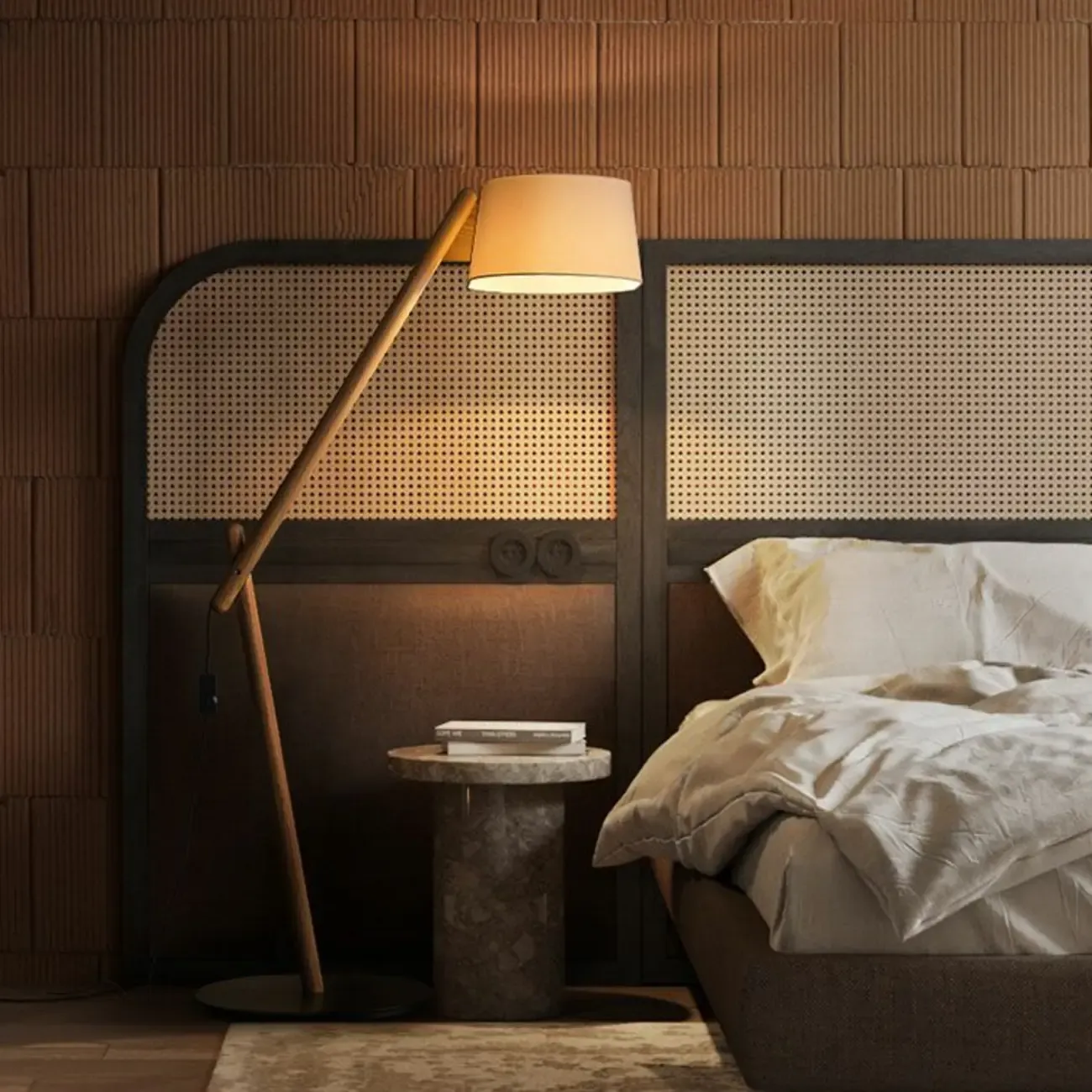 Elegant Arched Wood Floor Lamp with Beige Fabric Shade Image - 4