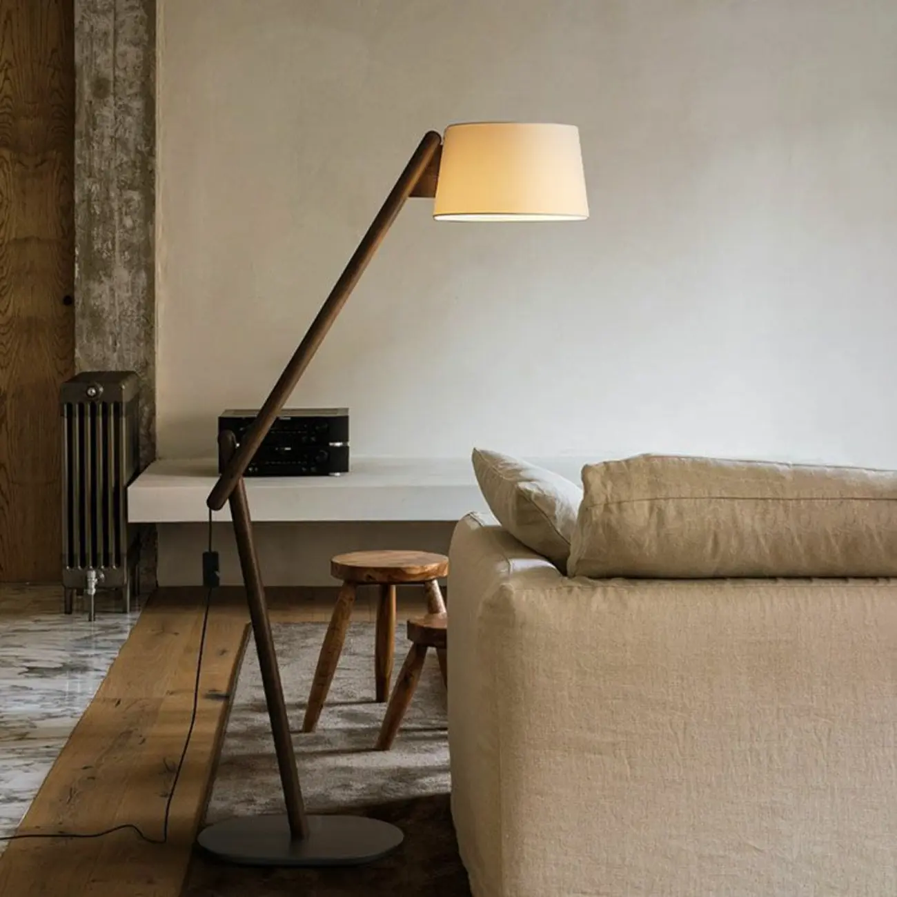 Elegant Arched Wood Floor Lamp with Beige Fabric Shade Image - 6 | homeyfad