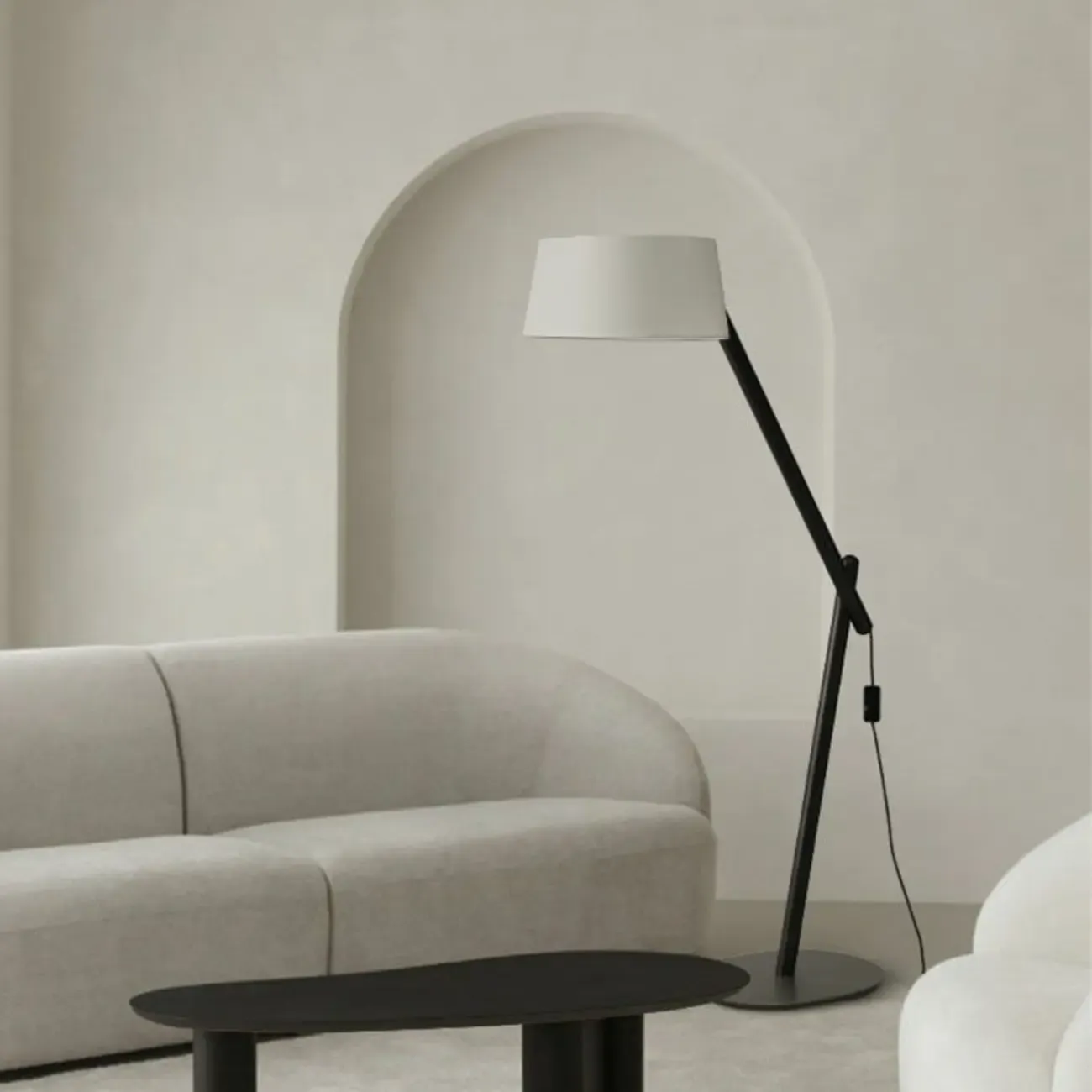 Elegant Arched Wood Floor Lamp with Beige Fabric Shade Image - 7