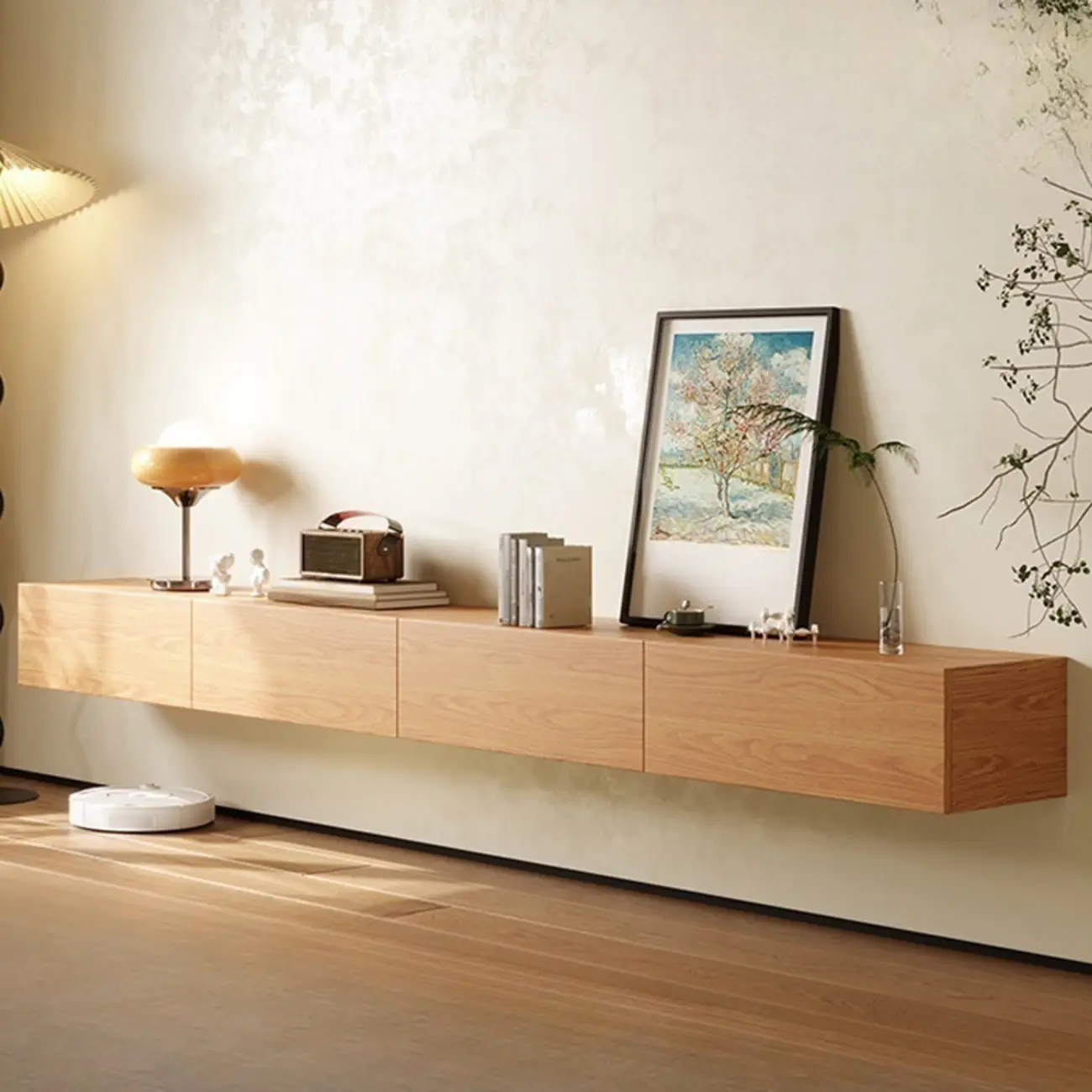 Classic Wall-Mounted Natural Wood TV Stand for Living Room Image - 1 | homeyfad