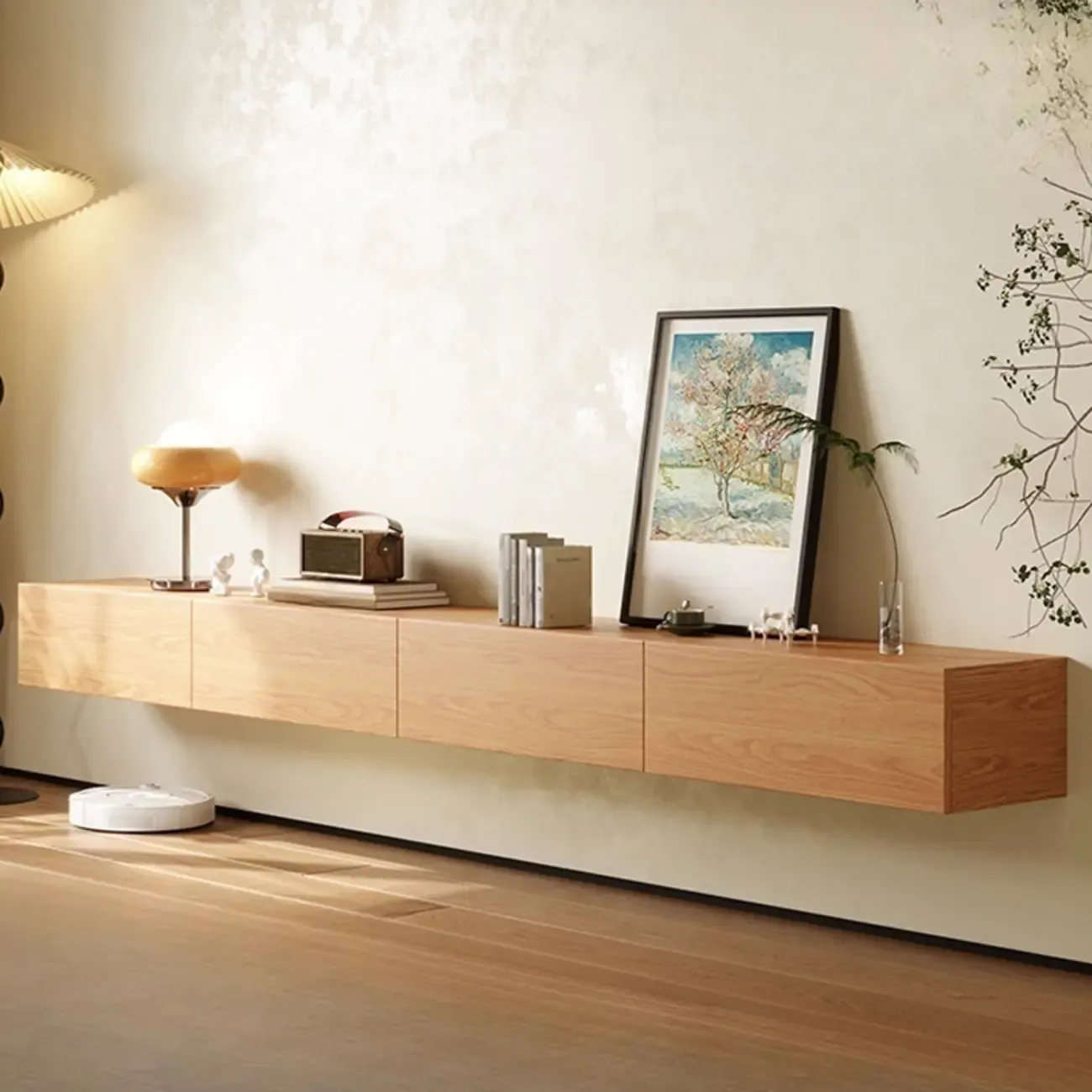 Classic Wall-Mounted Natural Wood TV Stand for Living Room Image - 1