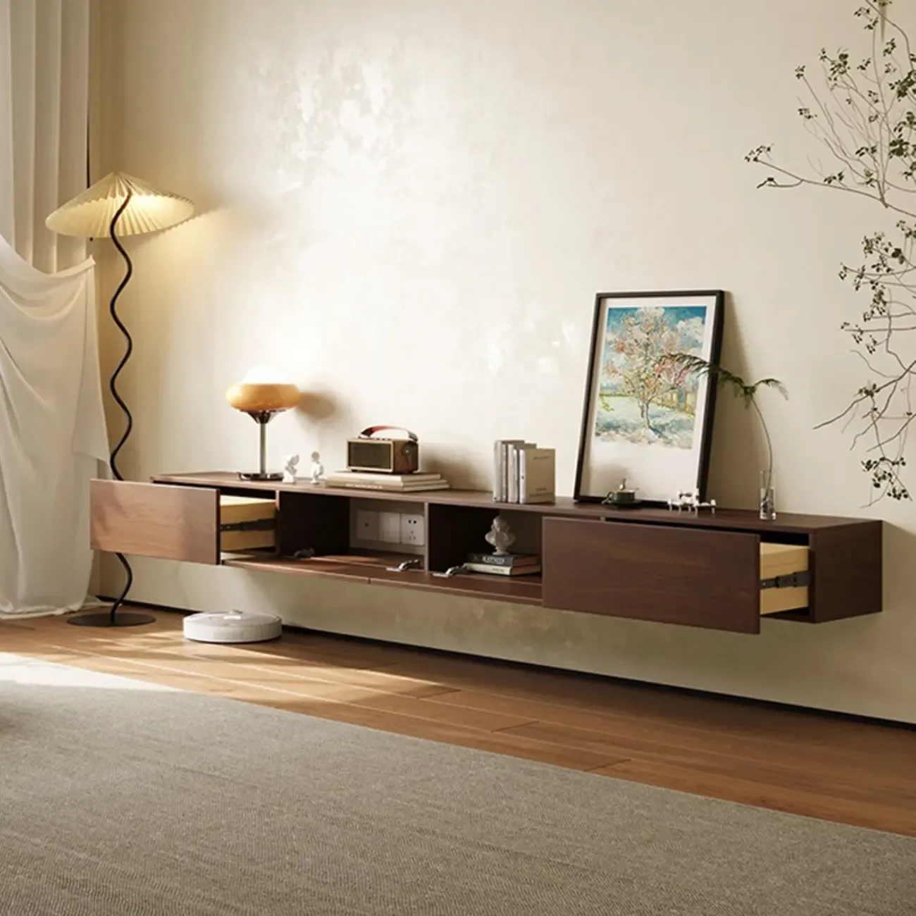 Classic Wall-Mounted Natural Wood TV Stand for Living Room Image - 3