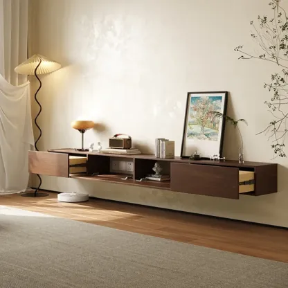 Classic Wall-Mounted Natural Wood TV Stand for Living Room Image - 3