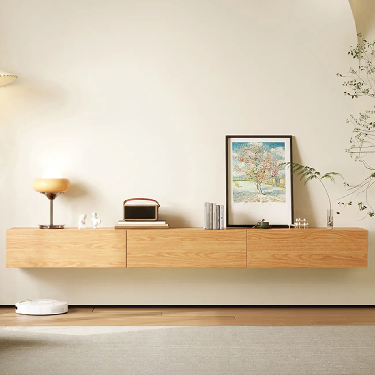 Classic Wall-Mounted Natural Wood TV Stand for Living Room Image - 5 | homeyfad