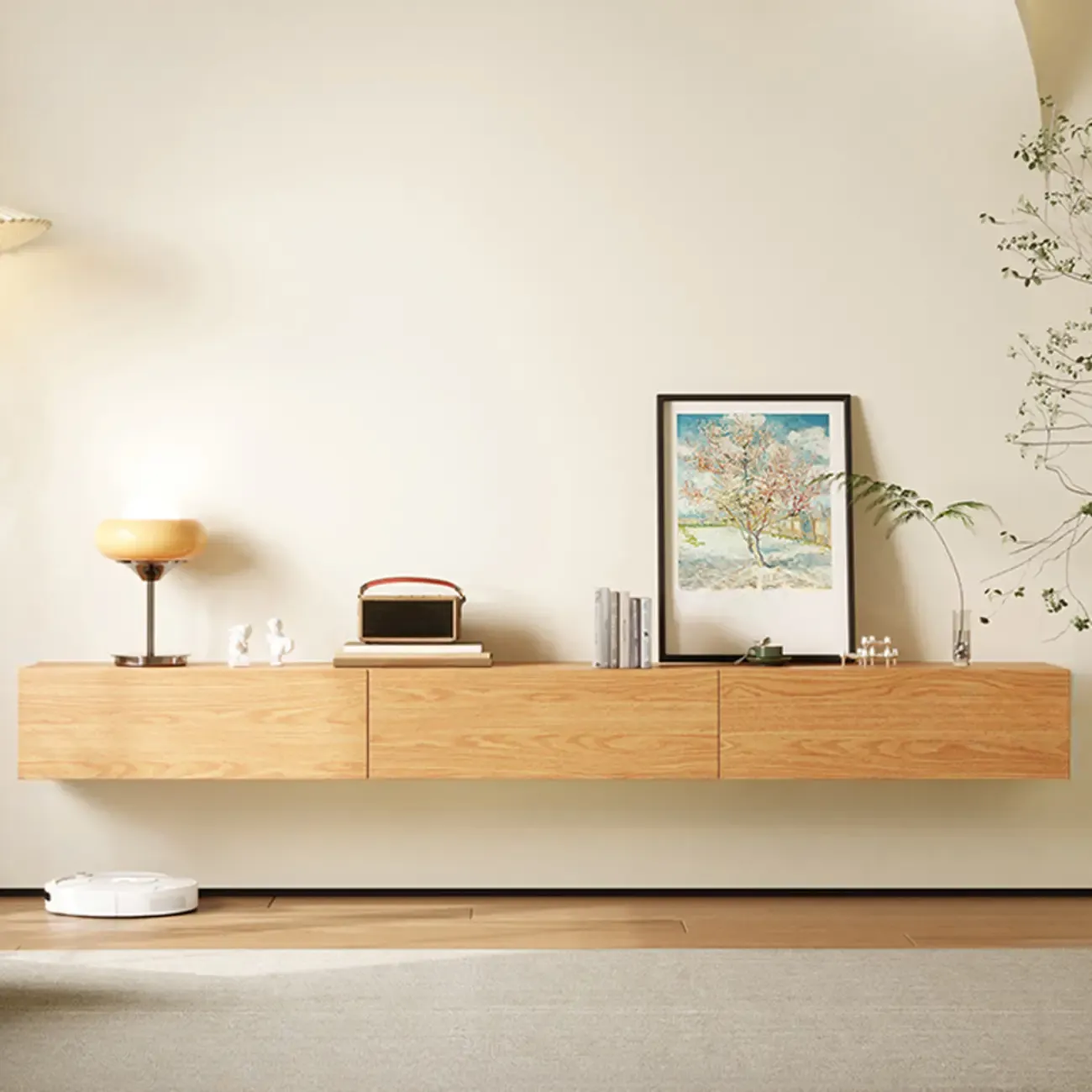 Classic Wall-Mounted Natural Wood TV Stand for Living Room Image - 5