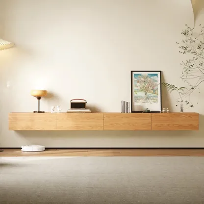 Classic Wall-Mounted Natural Wood TV Stand for Living Room Image - 6