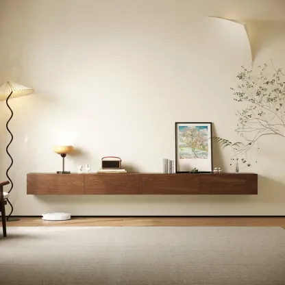 Classic Wall-Mounted Natural Wood TV Stand for Living Room Image - 7