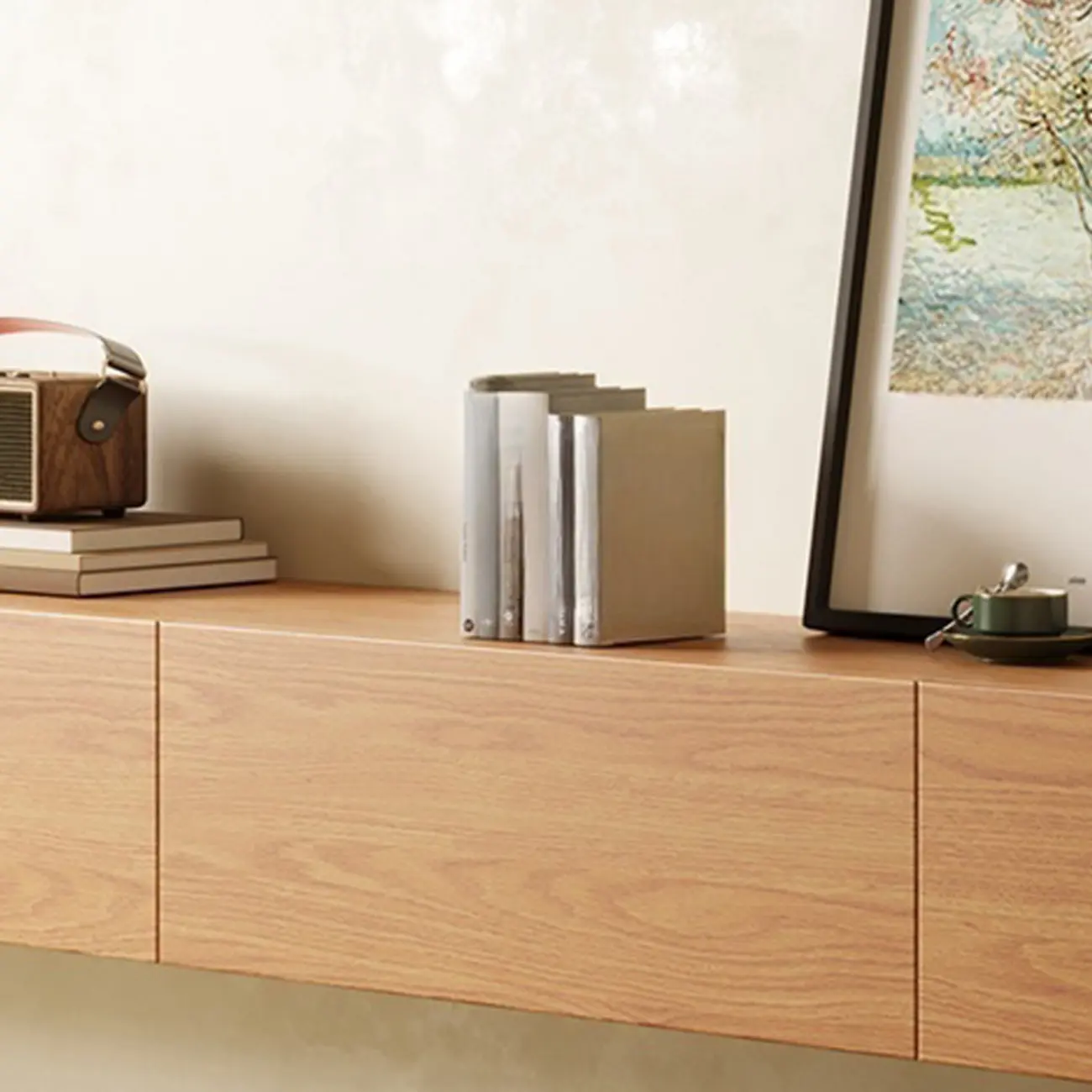 Classic Wall-Mounted Natural Wood TV Stand for Living Room Image - 9 | homeyfad