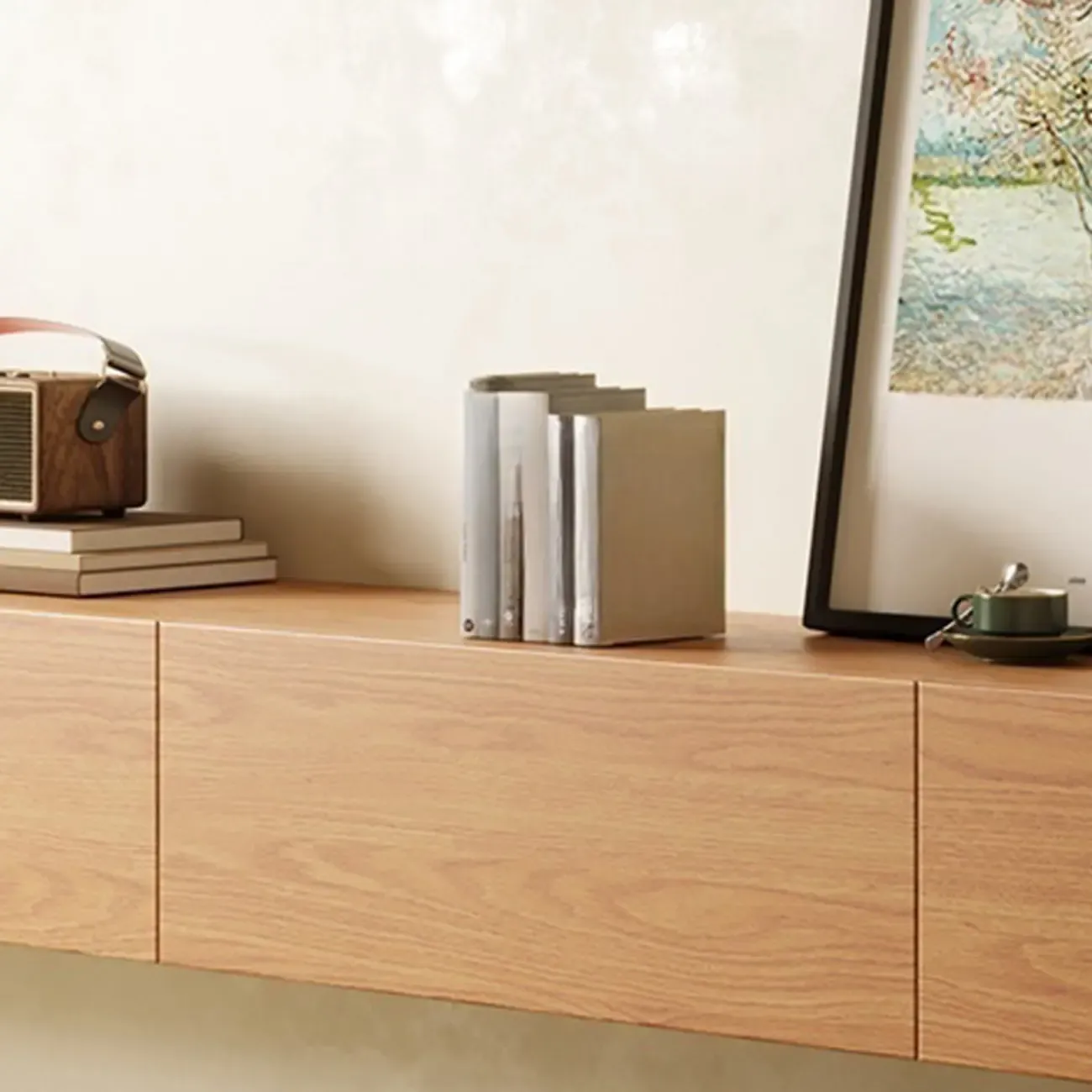 Classic Wall-Mounted Natural Wood TV Stand for Living Room Image - 9