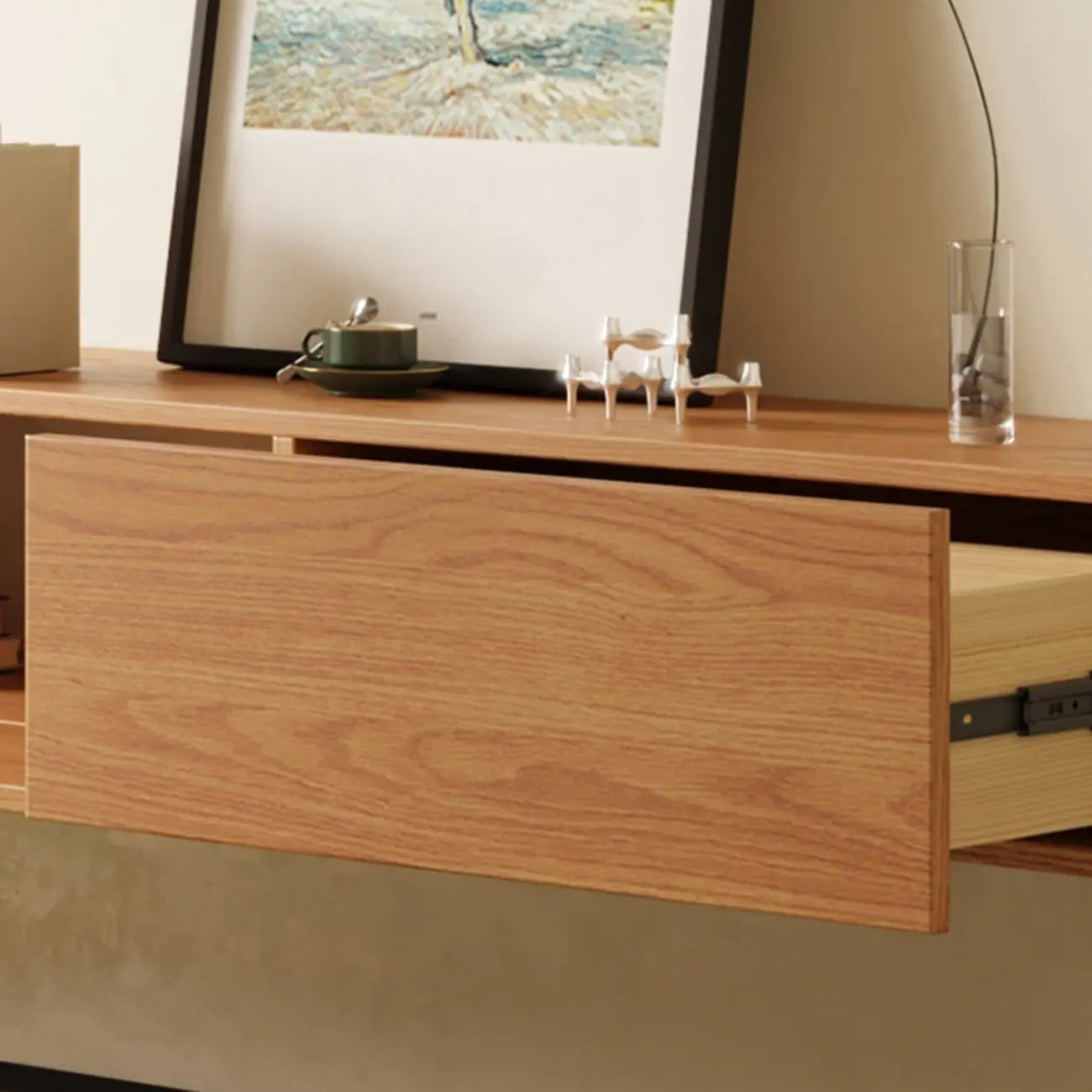 Classic Wall-Mounted Natural Wood TV Stand for Living Room Image - 12 | homeyfad