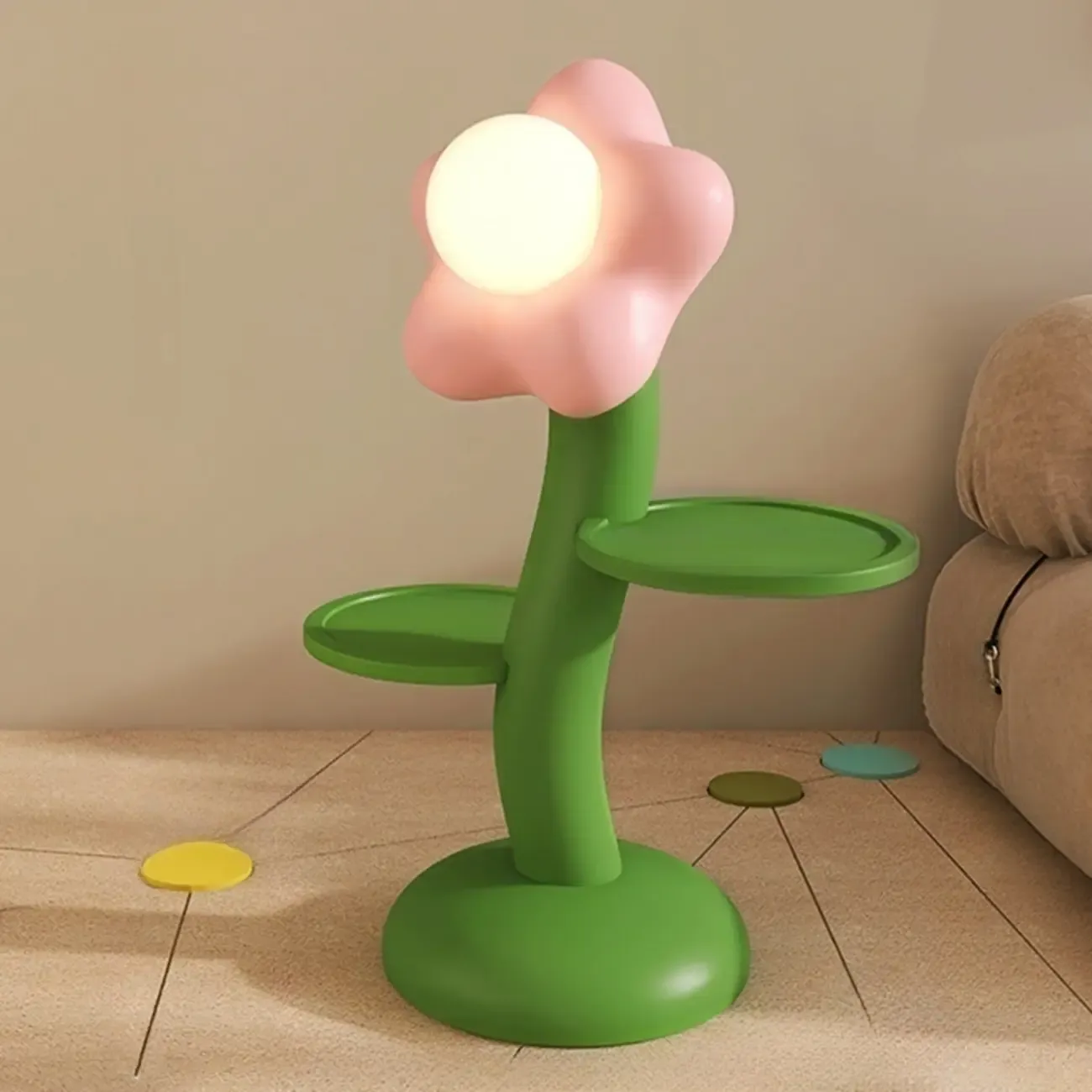 Unique Flower Shape Rechargeable Kids Floor Lamp with Table Image - 6