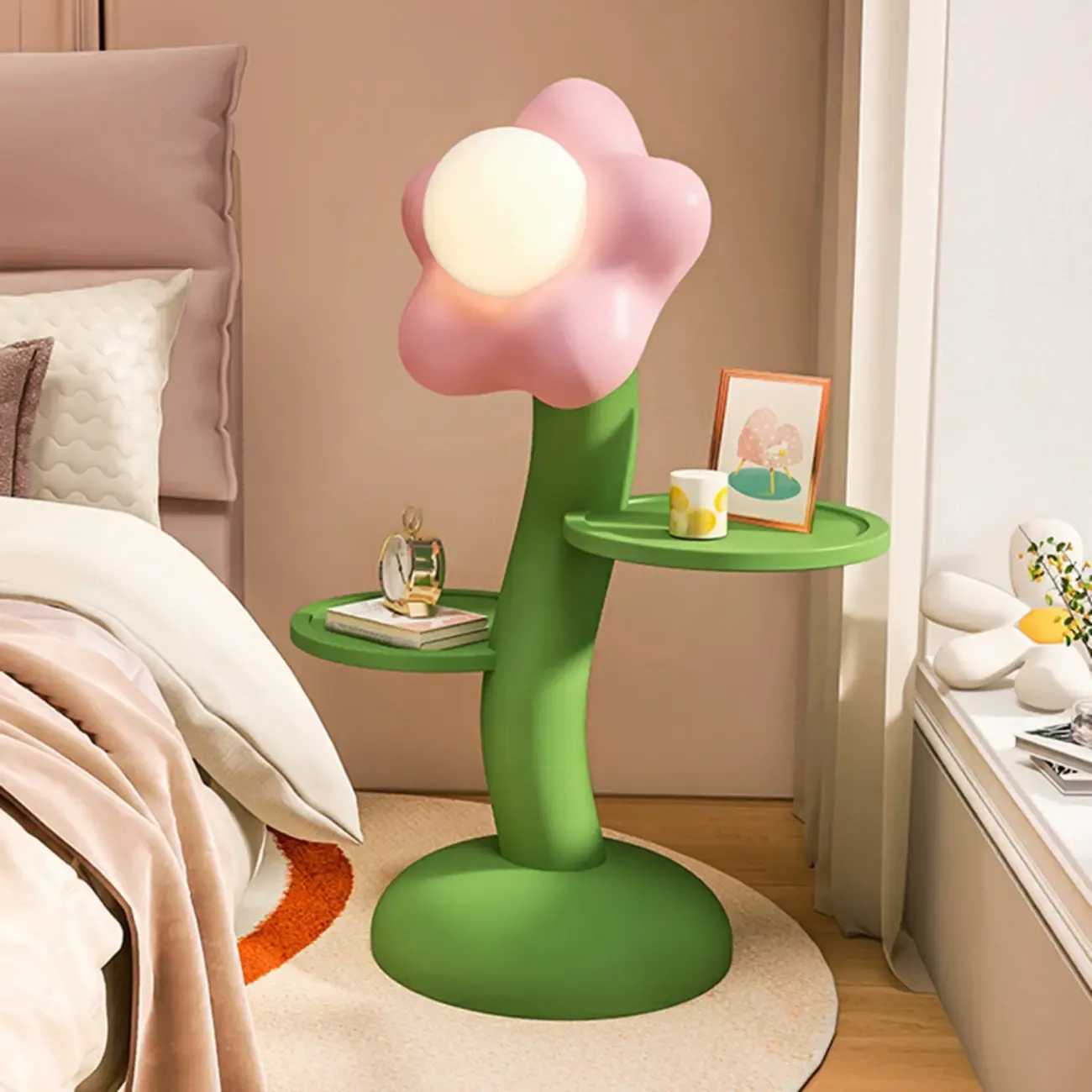 Unique Flower Shape Rechargeable Kids Floor Lamp with Table Image - 1