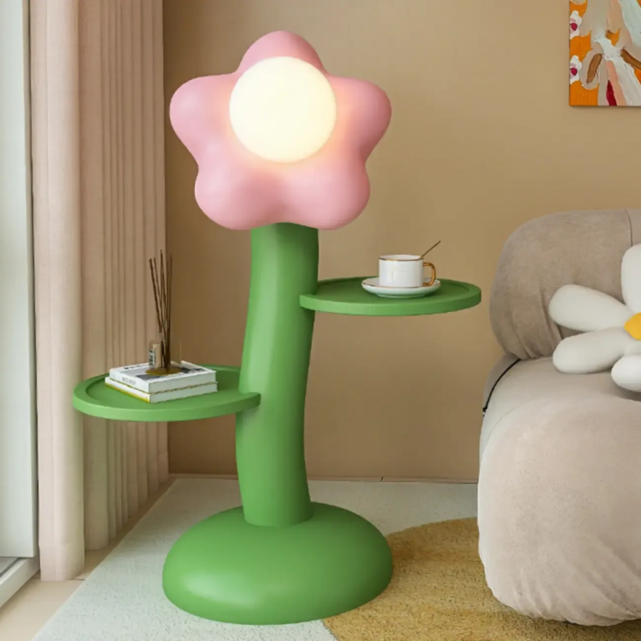 Unique Flower Shape Rechargeable Kids Floor Lamp with Table Image - 2