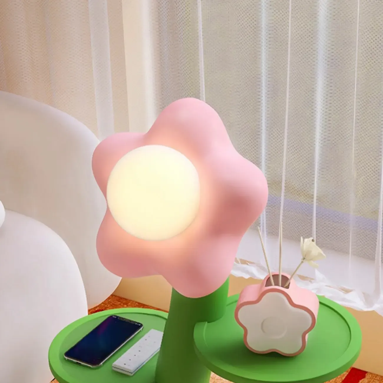 Unique Flower Shape Rechargeable Kids Floor Lamp with Table Image - 3