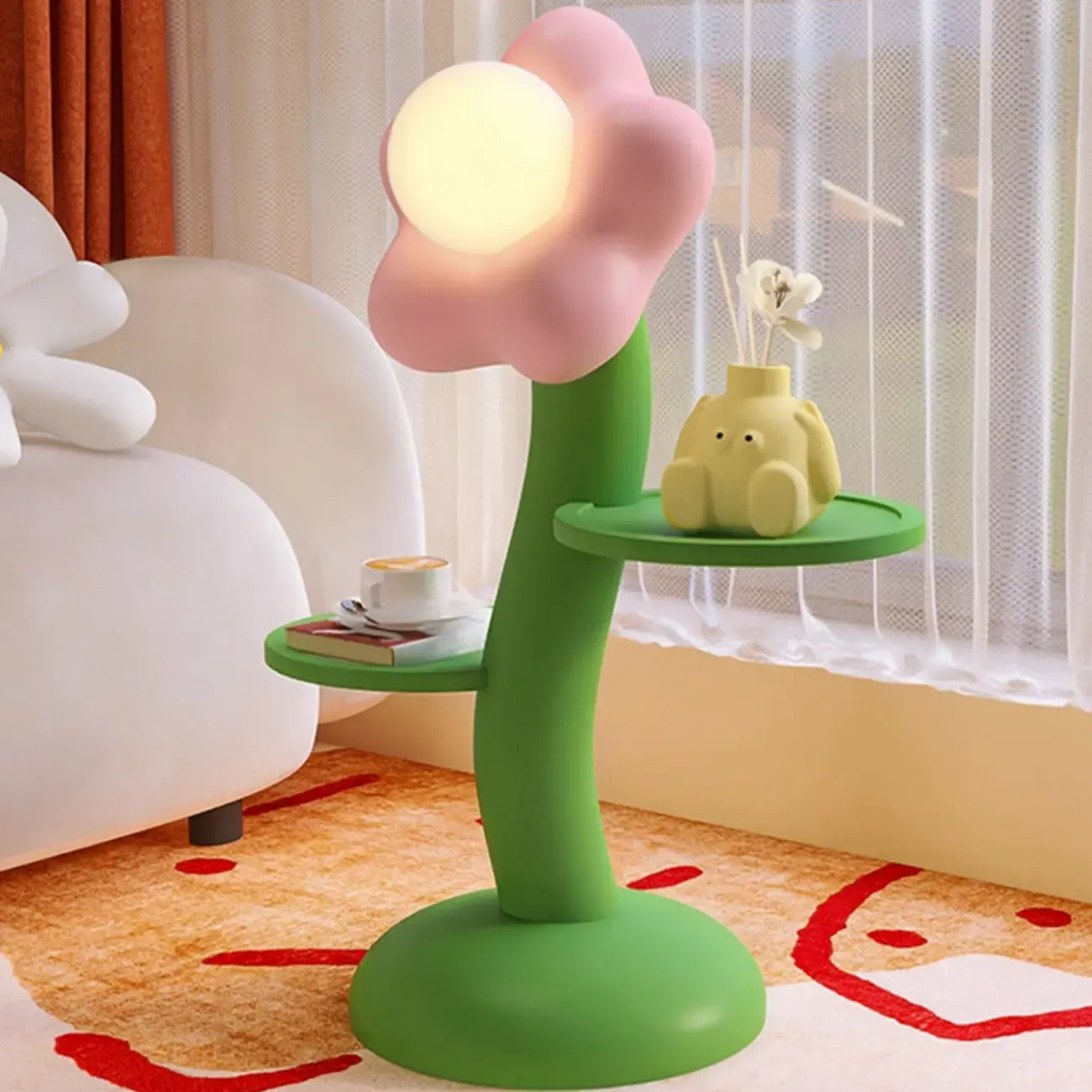 Unique Flower Shape Rechargeable Kids Floor Lamp with Table Image - 8