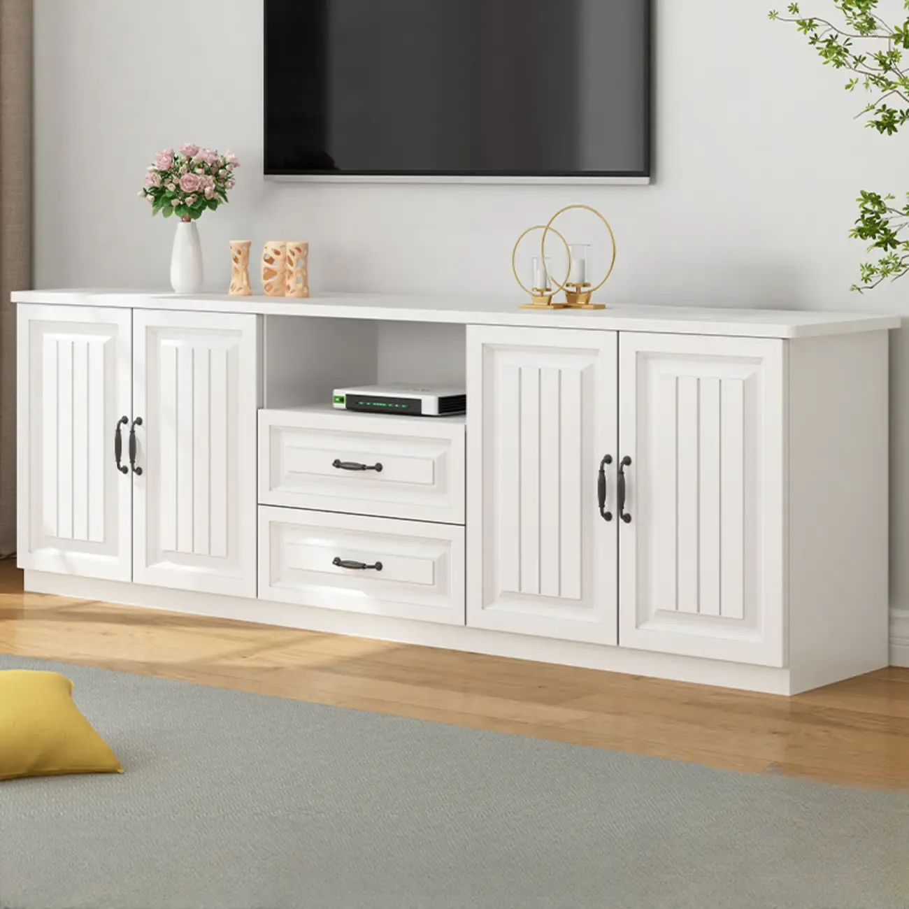 White Minimalist Wooden TV Console with Storage Drawers | HomeyFad