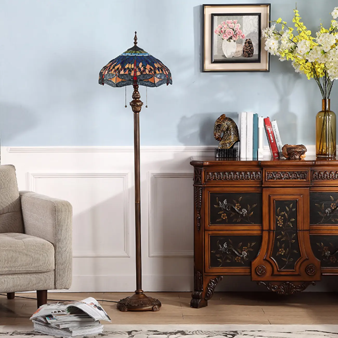 2-Light Antique Stained Glass Dome Floor Lamp for Cozy Interiors Image - 4 | homeyfad