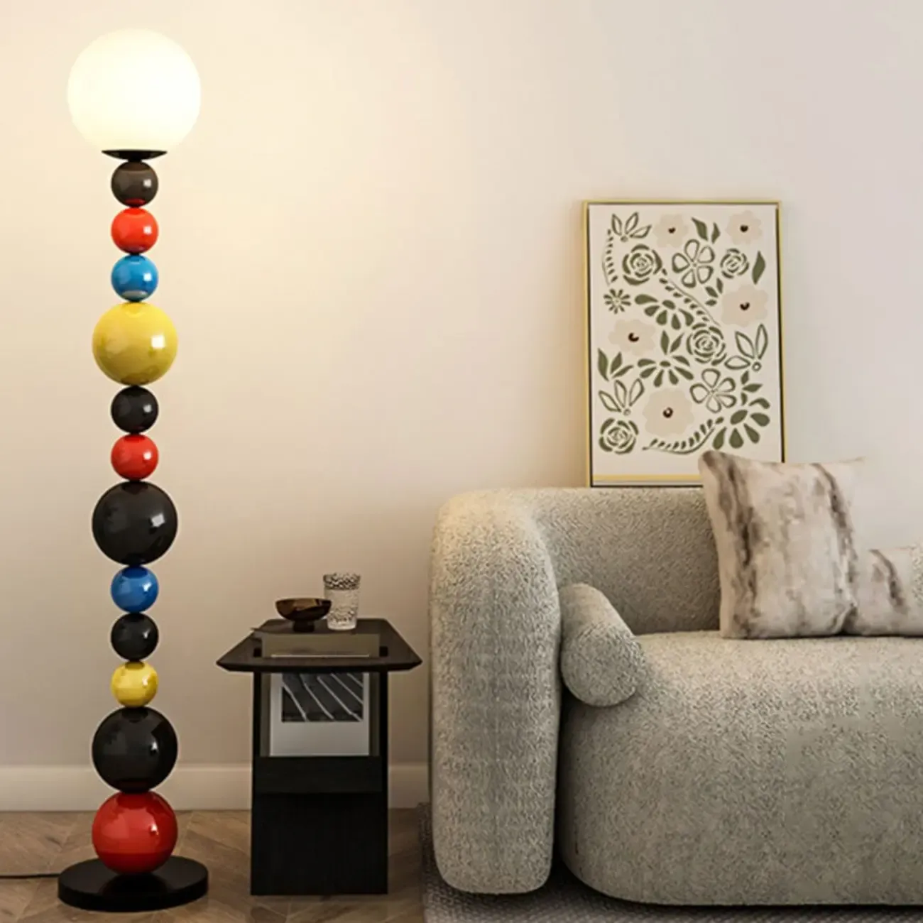 Globe Glass Shade Floor Lamp with Stacked Colorful Balls Image - 2